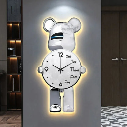 Aesthetic Bear Wall Clock LED Lamp Unique Bear Silent Watch Sconce Luxury Porch Livingroom Decoration Interior Light Clock Decor