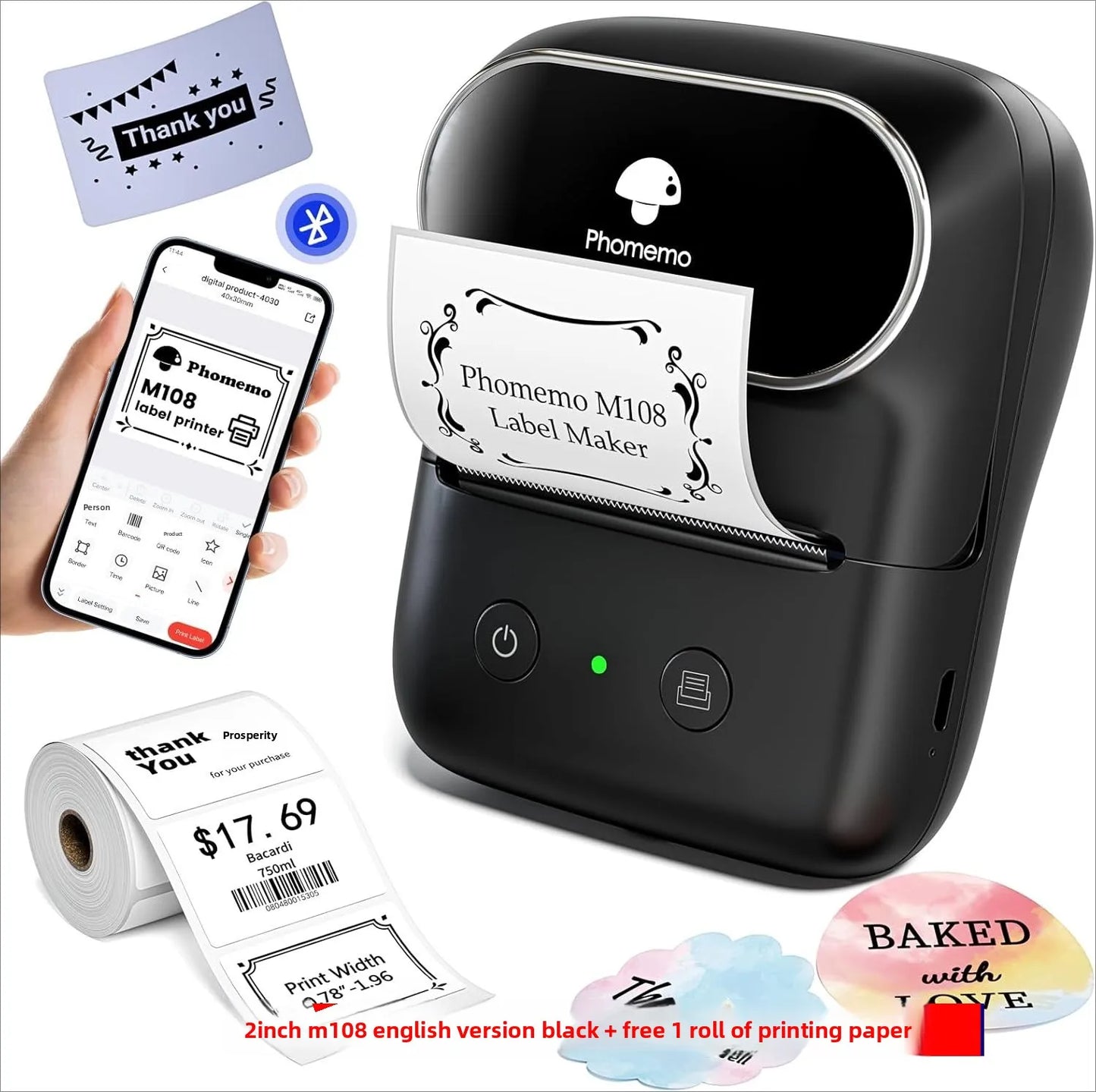 M108 Bluetooth Thermal Label Printer – Portable Self-Adhesive Printer for E-Commerce