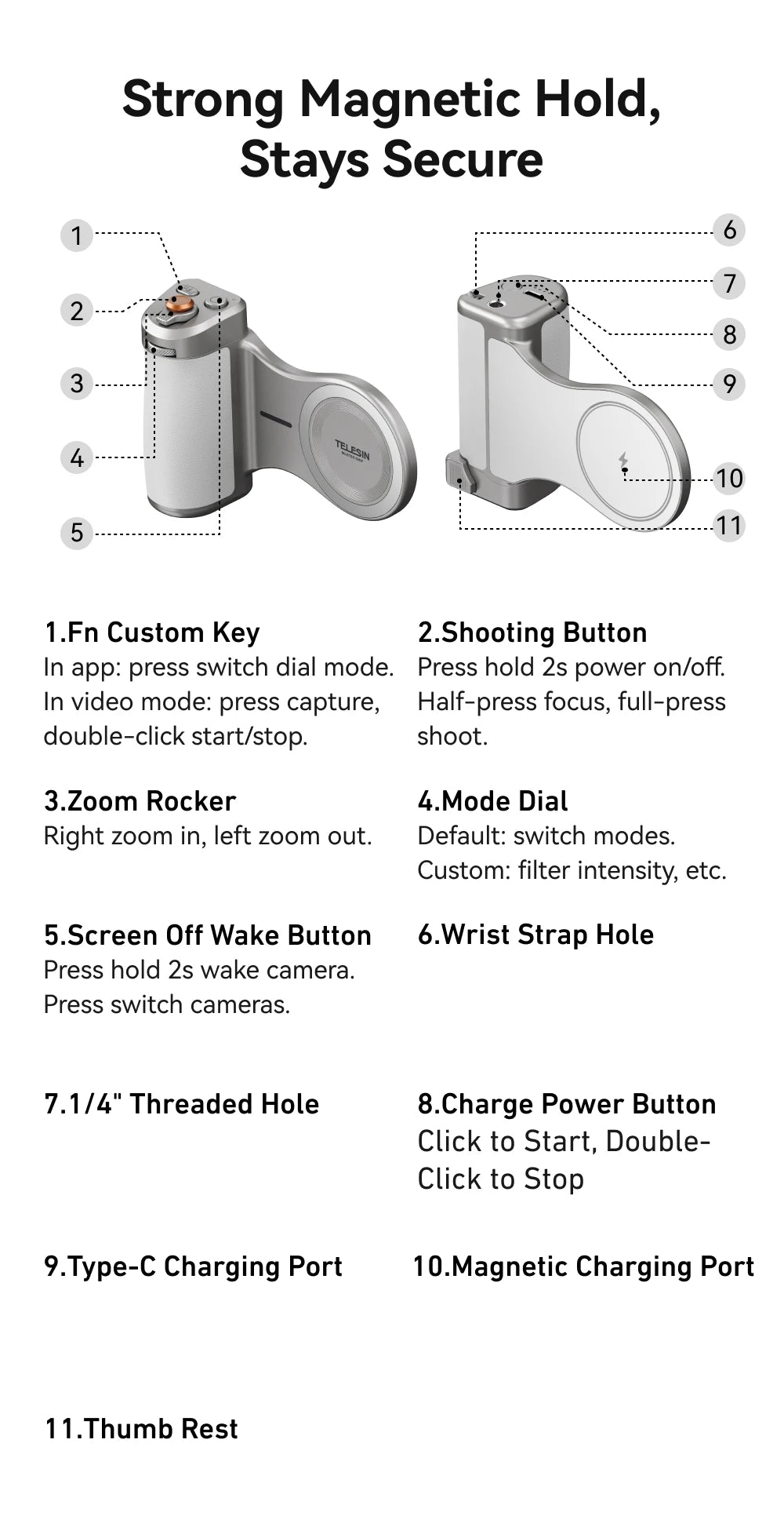 TELESIN Magnetic Phone Camera Shoot Hand Grip 3200Mha Powerbank Wireless Charging Phone Holder Remote Shooting Aid for Iphone
