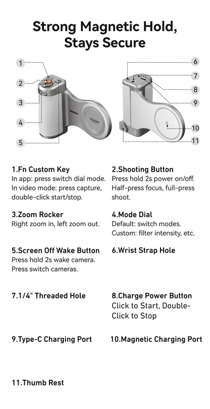 TELESIN Magnetic Phone Camera Shoot Hand Grip 3200Mha Powerbank Wireless Charging Phone Holder Remote Shooting Aid for Iphone