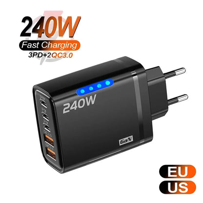 شاحن جداري GaN USB-C سريع 240 واط بخمسة منافذ – محول حائط متعدد الأجهزة للآيفون وسامسونج