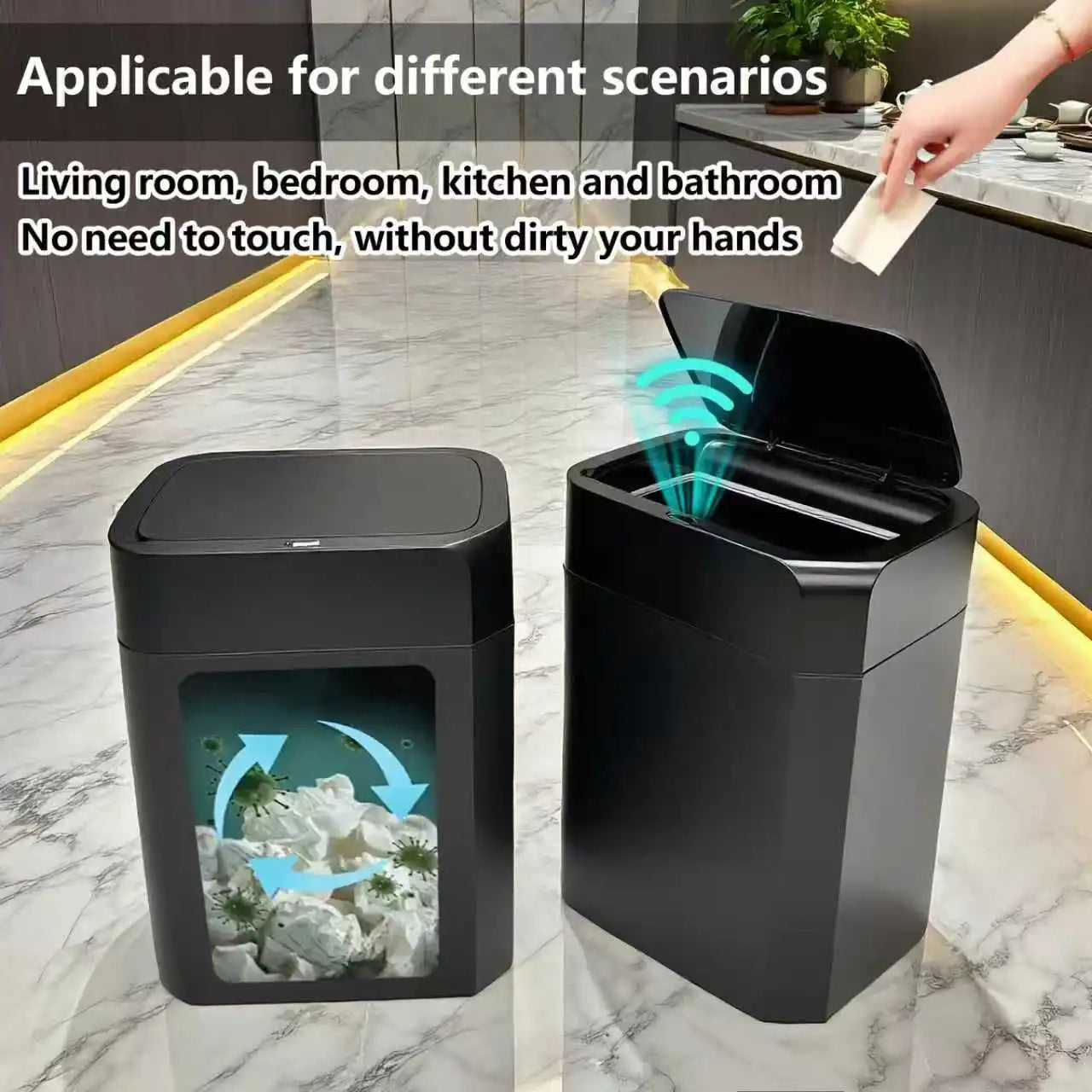 ONEKA Automatic Motion Sensor Induction Black Trash Can Slim for Bathroom Bedroom Kitchen Office