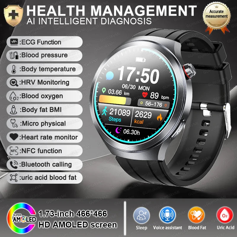 1.73" Sapphire Glass Health Smartwatch – ECG Blood Pressure & Body Analysis Tracker