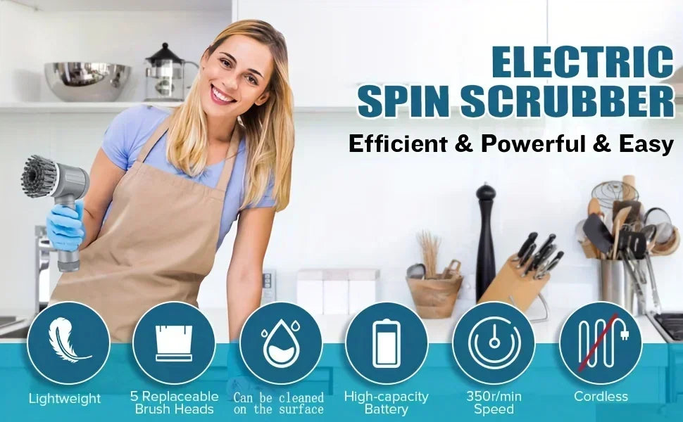 فرشاة تنظيف كهربائية دوارة، فرشاة تنظيف حمامات لاسلكية، منظف كهربائي بخمس رؤوس فرشاة قابلة للتبديل، فرشاة تنظيف كهربائية