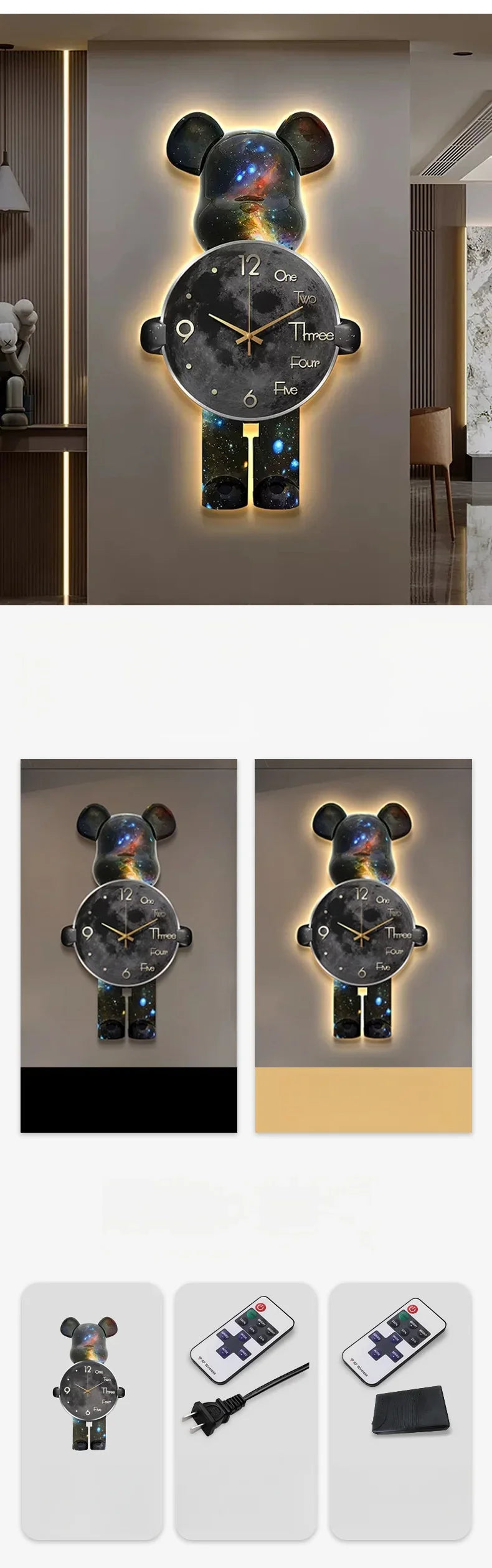 Aesthetic Bear Wall Clock LED Lamp Unique Bear Silent Watch Sconce Luxury Porch Livingroom Decoration Interior Light Clock Decor
