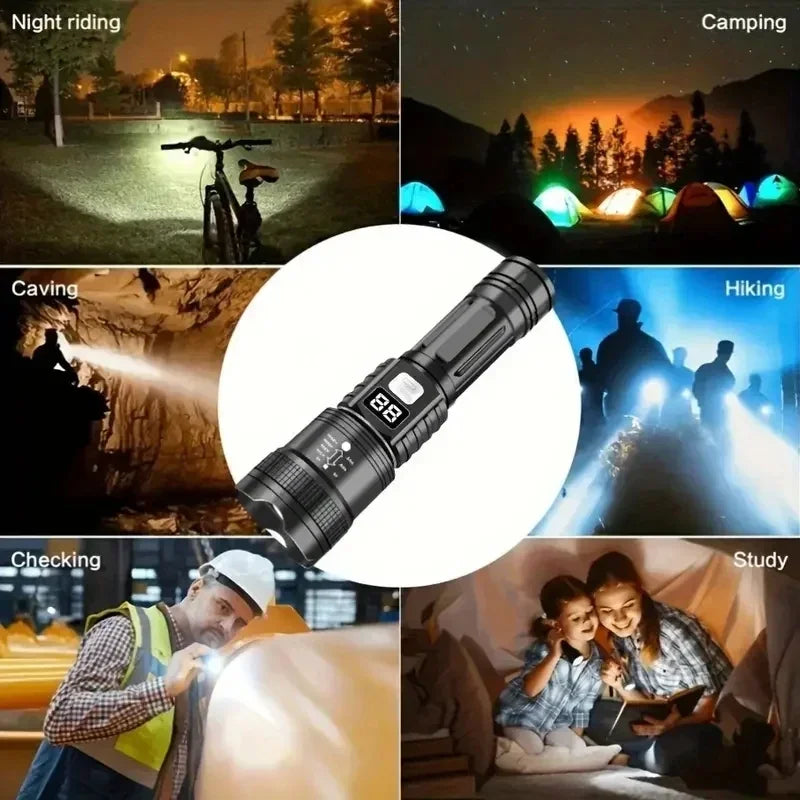 مصباح يدوي LED قابل لإعادة الشحن بقوة 100000 لومن – كشاف تكتيكي مقاوم للماء للتخييم وصيد الأسماك