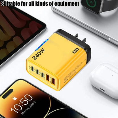 شاحن جداري GaN USB-C سريع 240 واط بخمسة منافذ – محول حائط متعدد الأجهزة للآيفون وسامسونج