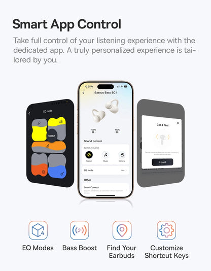 سماعات أذن Baseus BC1 بمشبك أذن، سماعات أذن لاسلكية مفتوحة، بلوتوث 6.0، سماعات رأس رياضية بمشبك، 4 ميكروفونات، صوت جهير فائق، IP55، سماعات أذن
