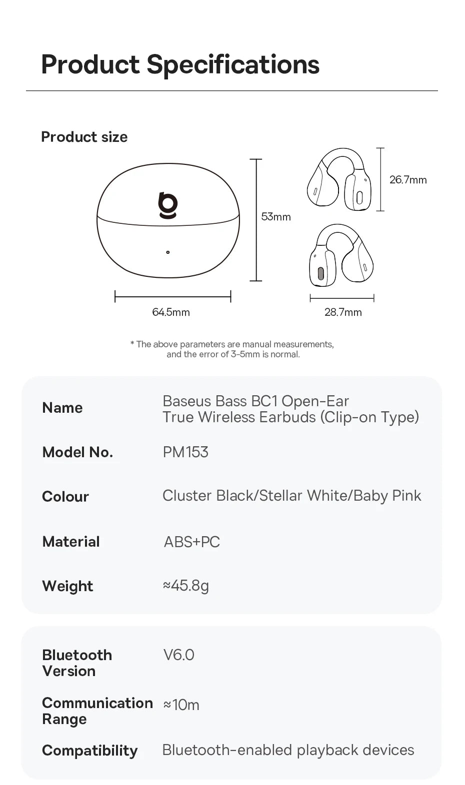 سماعات أذن Baseus BC1 بمشبك أذن، سماعات أذن لاسلكية مفتوحة، بلوتوث 6.0، سماعات رأس رياضية بمشبك، 4 ميكروفونات، صوت جهير فائق، IP55، سماعات أذن