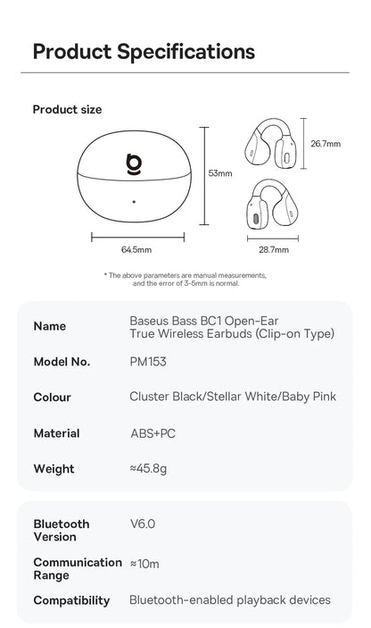 سماعات أذن Baseus BC1 بمشبك أذن، سماعات أذن لاسلكية مفتوحة، بلوتوث 6.0، سماعات رأس رياضية بمشبك، 4 ميكروفونات، صوت جهير فائق، IP55، سماعات أذن