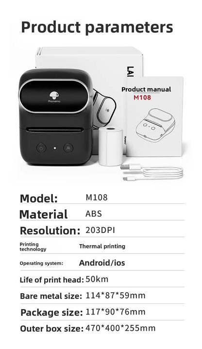 M108 Bluetooth Thermal Label Printer – Portable Self-Adhesive Printer for E-Commerce