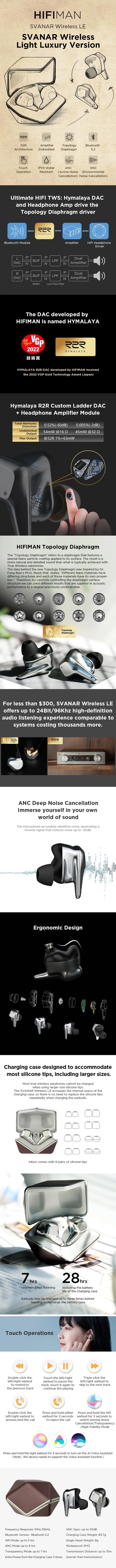 سماعات أذن لاسلكية داخل الأذن من HIFIMAN SVANAR، بخاصية إلغاء الضوضاء، بتقنية بلوتوث، بصوت عالي الدقة (Hi-Fi)، مع DAC من Hymalaya، ومحرك غشاء طوبولوجي، بمعيار IPX5.