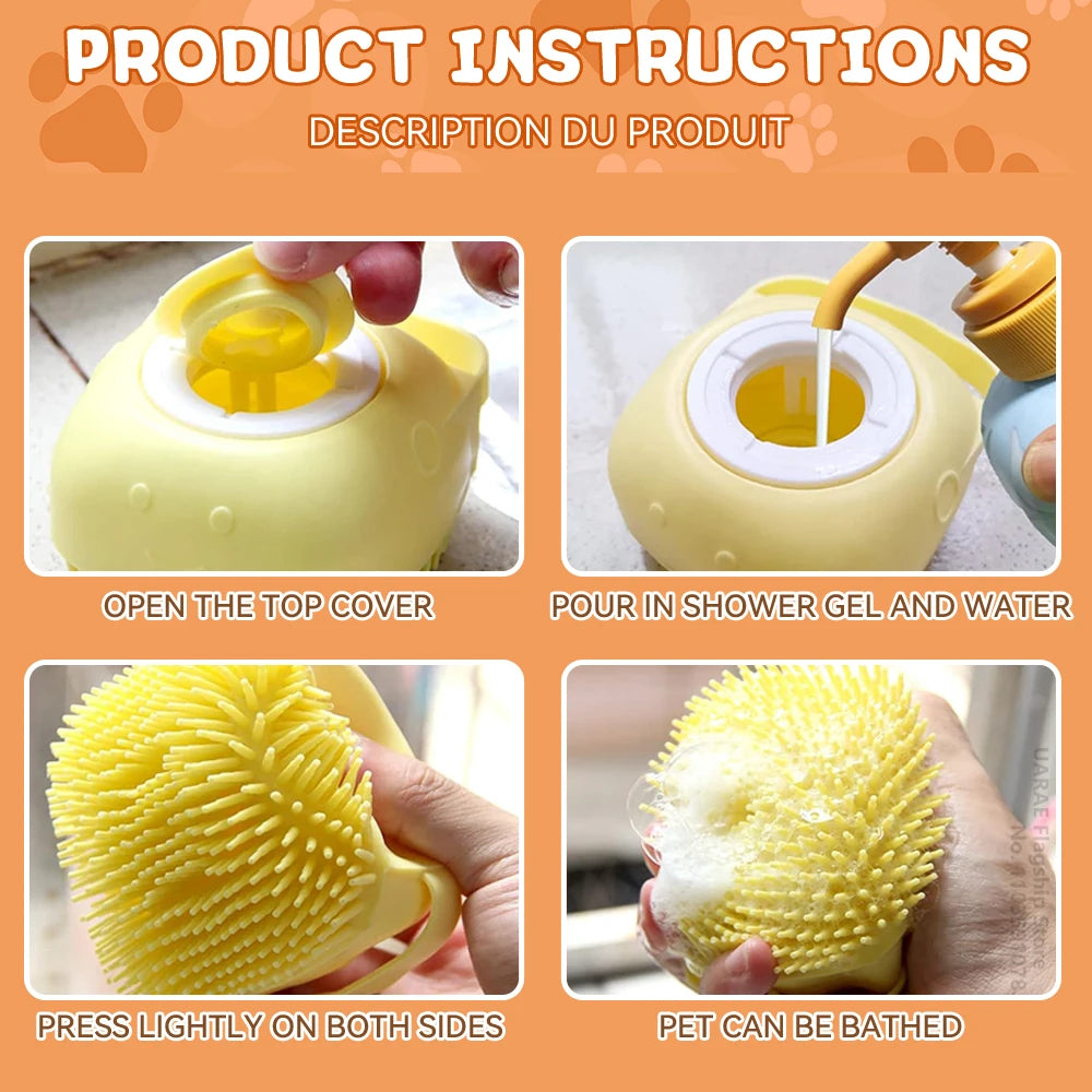Silicone Pet Bathing Brush – Shampoo Dispenser Massage Brush for Dogs &amp; Cats