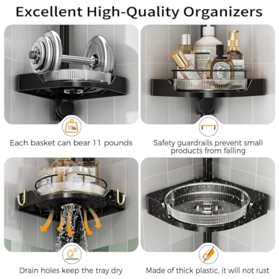 360° Rotating Corner Shower Caddy Tension Pole Organizer - 4-Tier Adjustable Rustproof Metal Pole, Plastic Shelves with Safety