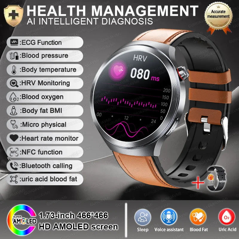 1.73" Sapphire Glass Health Smartwatch – ECG Blood Pressure & Body Analysis Tracker