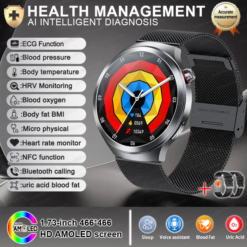 1.73" Sapphire Glass Health Smartwatch – ECG Blood Pressure & Body Analysis Tracker