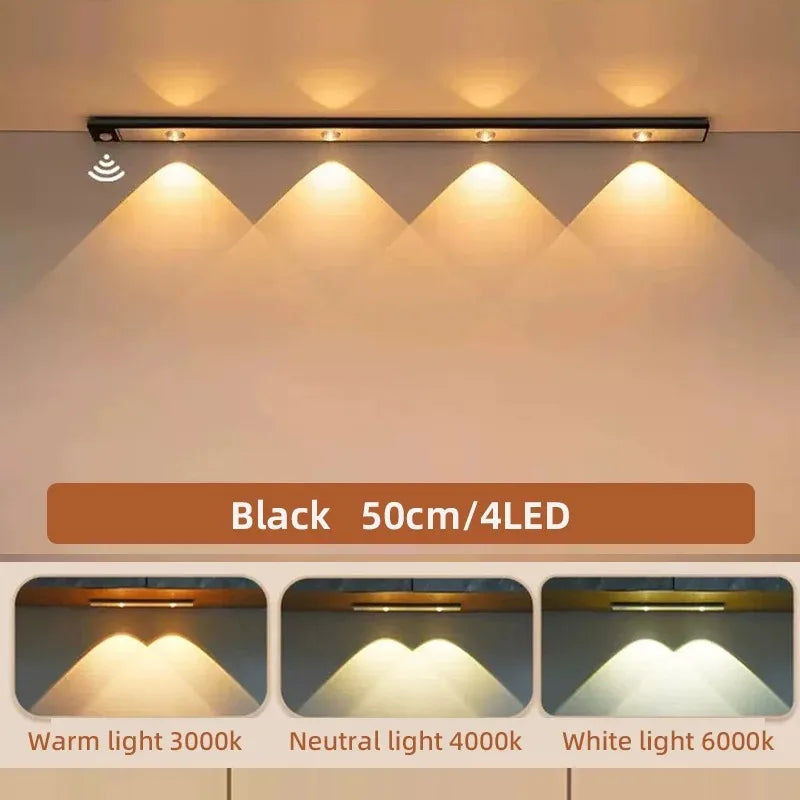 مصابيح LED رفيعة للغاية تحت الخزانة بمستشعر حركة، إضاءة ليلية لاسلكية بثلاثة ألوان قابلة للتعتيم لمطبخ خزانة غرفة النوم وخزانة الملابس.