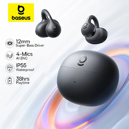 سماعات أذن Baseus BC1 بمشبك أذن، سماعات أذن لاسلكية مفتوحة، بلوتوث 6.0، سماعات رأس رياضية بمشبك، 4 ميكروفونات، صوت جهير فائق، IP55، سماعات أذن