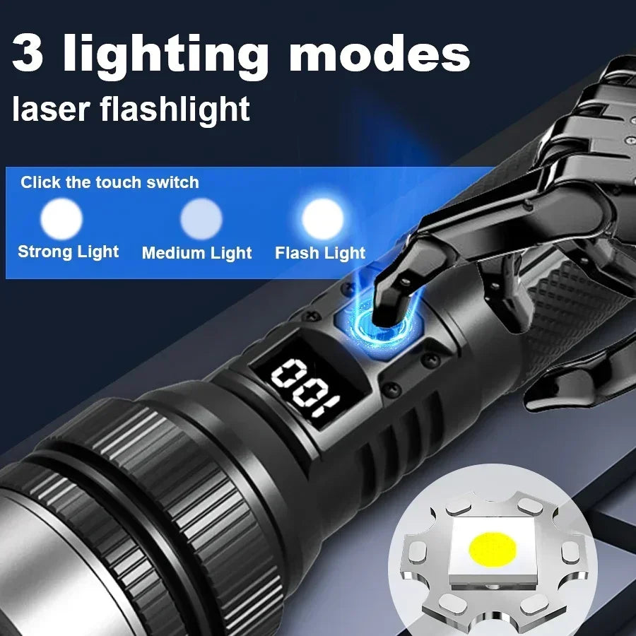 مصباح يدوي LED قابل لإعادة الشحن بقوة 100000 لومن – كشاف تكتيكي مقاوم للماء للتخييم وصيد الأسماك