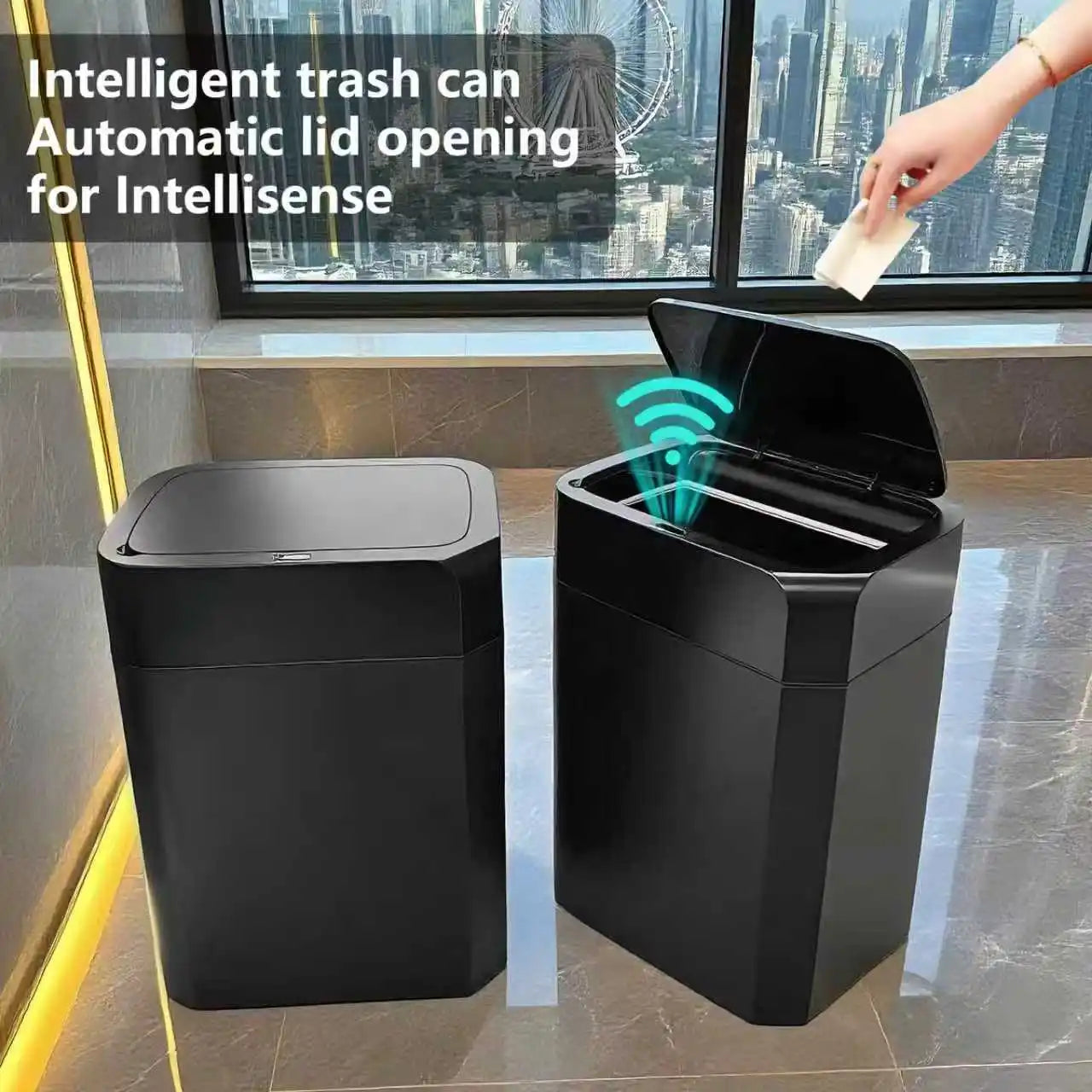 ONEKA Automatic Motion Sensor Induction Black Trash Can Slim for Bathroom Bedroom Kitchen Office