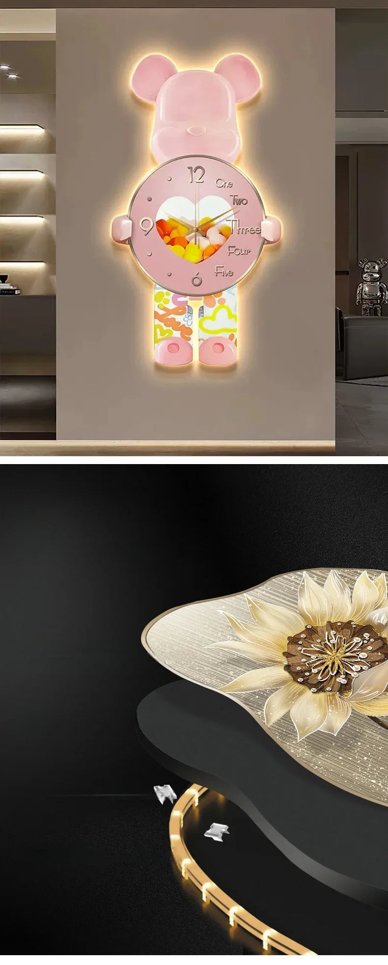 Aesthetic Bear Wall Clock LED Lamp Unique Bear Silent Watch Sconce Luxury Porch Livingroom Decoration Interior Light Clock Decor