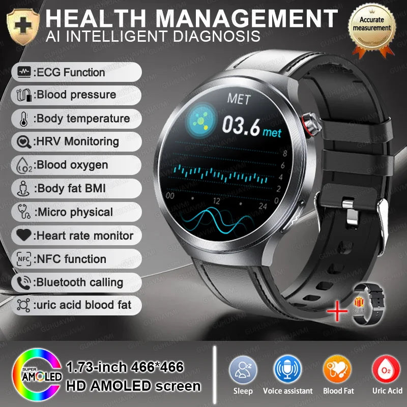 1.73" Sapphire Glass Health Smartwatch – ECG Blood Pressure & Body Analysis Tracker