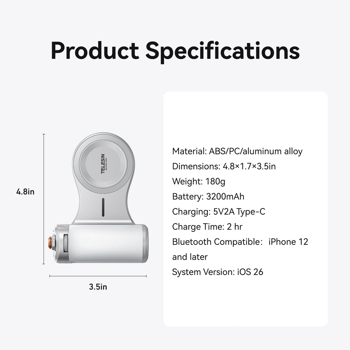 TELESIN Magnetic Phone Camera Shoot Hand Grip 3200Mha Powerbank Wireless Charging Phone Holder Remote Shooting Aid for Iphone