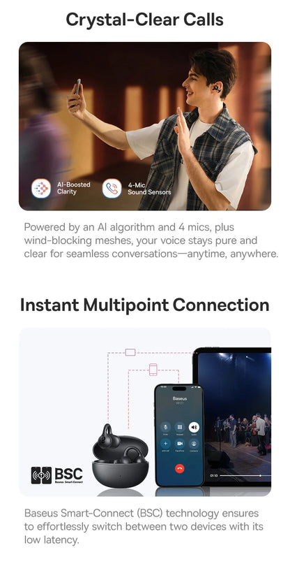 سماعات أذن Baseus BC1 بمشبك أذن، سماعات أذن لاسلكية مفتوحة، بلوتوث 6.0، سماعات رأس رياضية بمشبك، 4 ميكروفونات، صوت جهير فائق، IP55، سماعات أذن