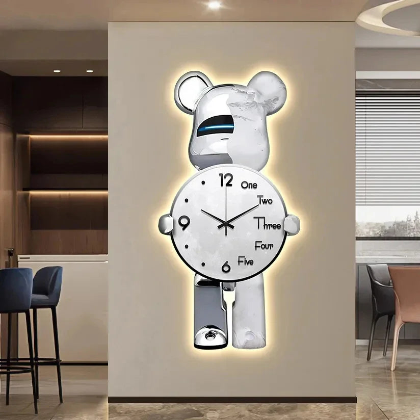 Aesthetic Bear Wall Clock LED Lamp Unique Bear Silent Watch Sconce Luxury Porch Livingroom Decoration Interior Light Clock Decor