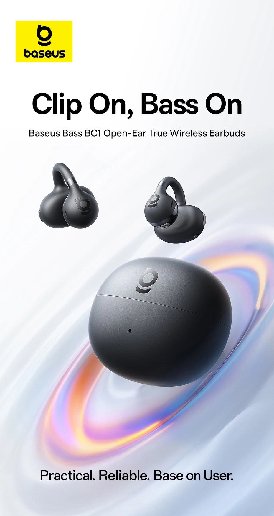 سماعات أذن Baseus BC1 بمشبك أذن، سماعات أذن لاسلكية مفتوحة، بلوتوث 6.0، سماعات رأس رياضية بمشبك، 4 ميكروفونات، صوت جهير فائق، IP55، سماعات أذن