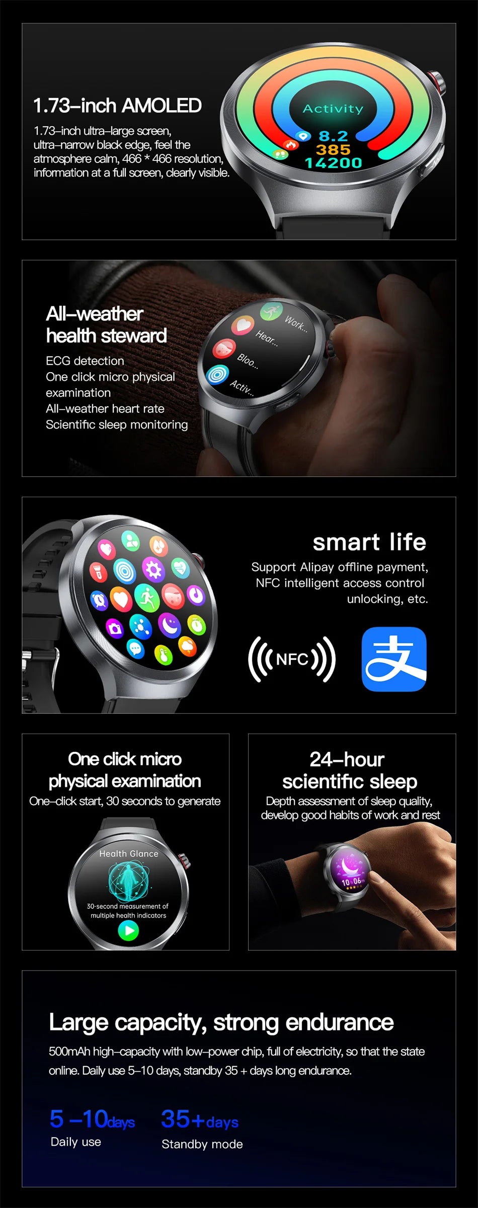 1.73" Sapphire Glass Health Smartwatch – ECG Blood Pressure & Body Analysis Tracker