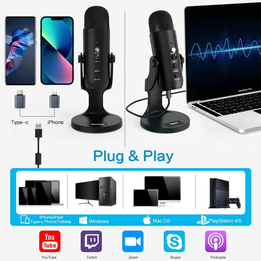 Haomuren USB Condenser Microphone – PC/Mac Streaming &amp; Podcast Mic