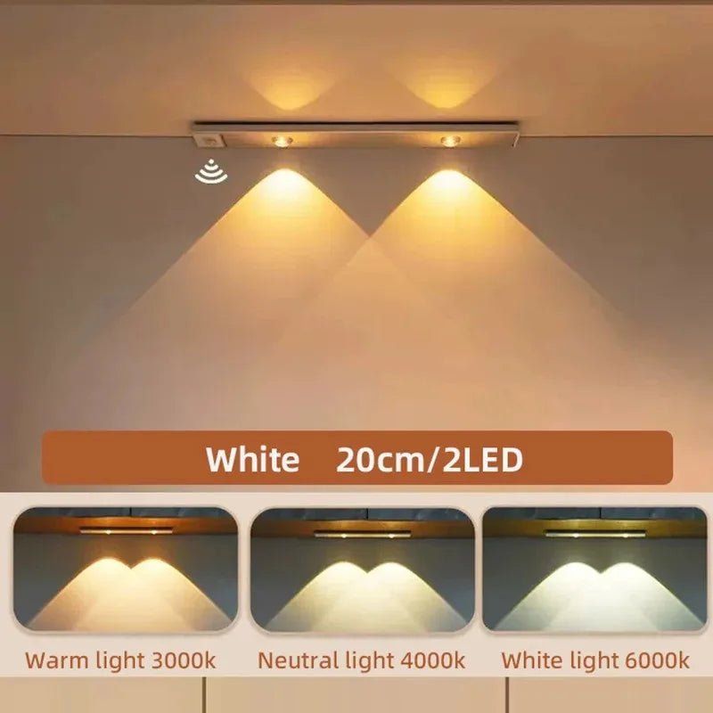 مصابيح LED رفيعة للغاية تحت الخزانة بمستشعر حركة، إضاءة ليلية لاسلكية بثلاثة ألوان قابلة للتعتيم لمطبخ خزانة غرفة النوم وخزانة الملابس.