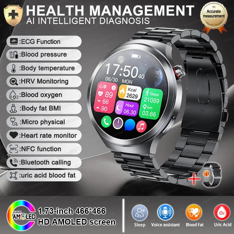 1.73" Sapphire Glass Health Smartwatch – ECG Blood Pressure & Body Analysis Tracker