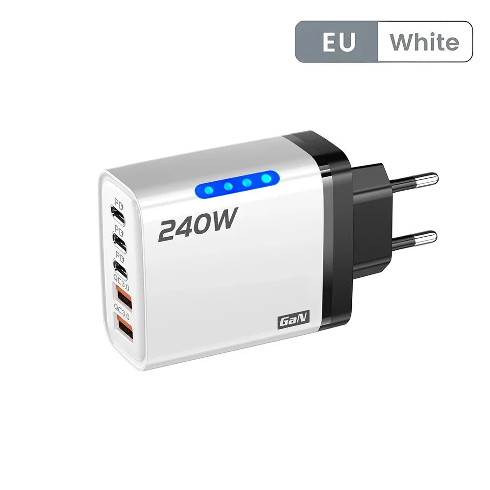 شاحن جداري GaN USB-C سريع 240 واط بخمسة منافذ – محول حائط متعدد الأجهزة للآيفون وسامسونج
