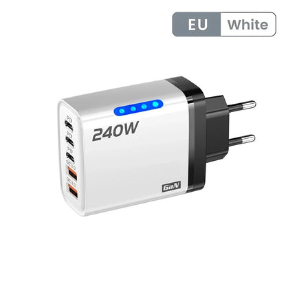 شاحن جداري GaN USB-C سريع 240 واط بخمسة منافذ – محول حائط متعدد الأجهزة للآيفون وسامسونج
