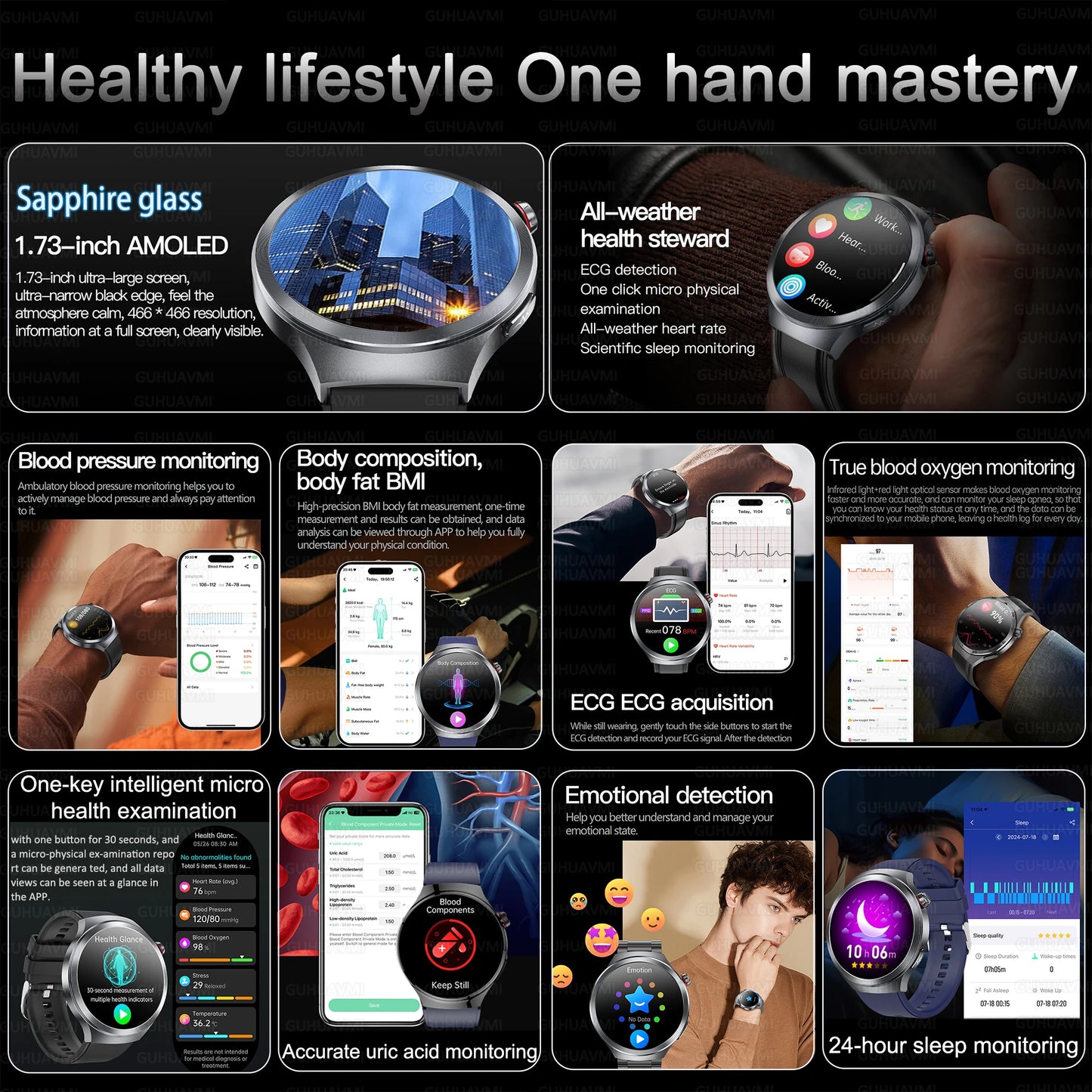 1.73" Sapphire Glass Health Smartwatch – ECG Blood Pressure & Body Analysis Tracker