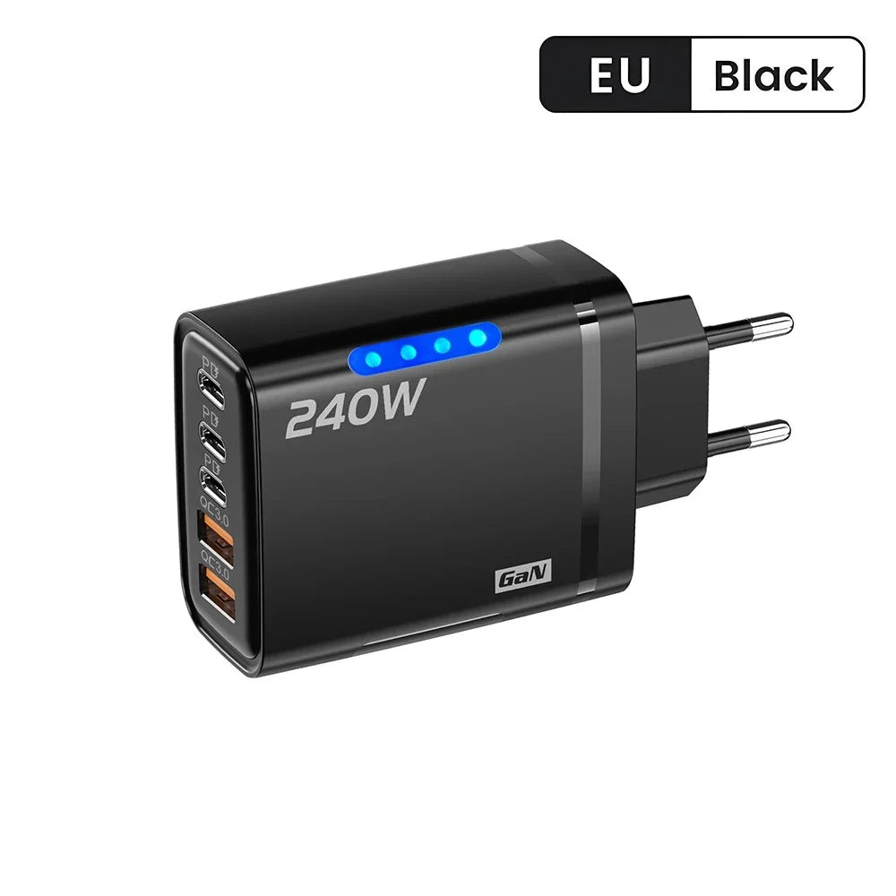 شاحن جداري GaN USB-C سريع 240 واط بخمسة منافذ – محول حائط متعدد الأجهزة للآيفون وسامسونج