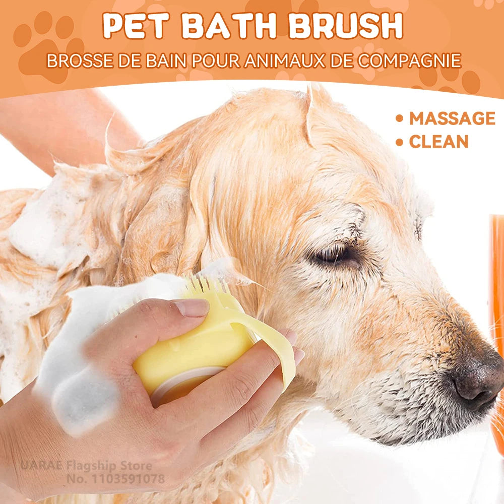 Silicone Pet Bathing Brush – Shampoo Dispenser Massage Brush for Dogs &amp; Cats
