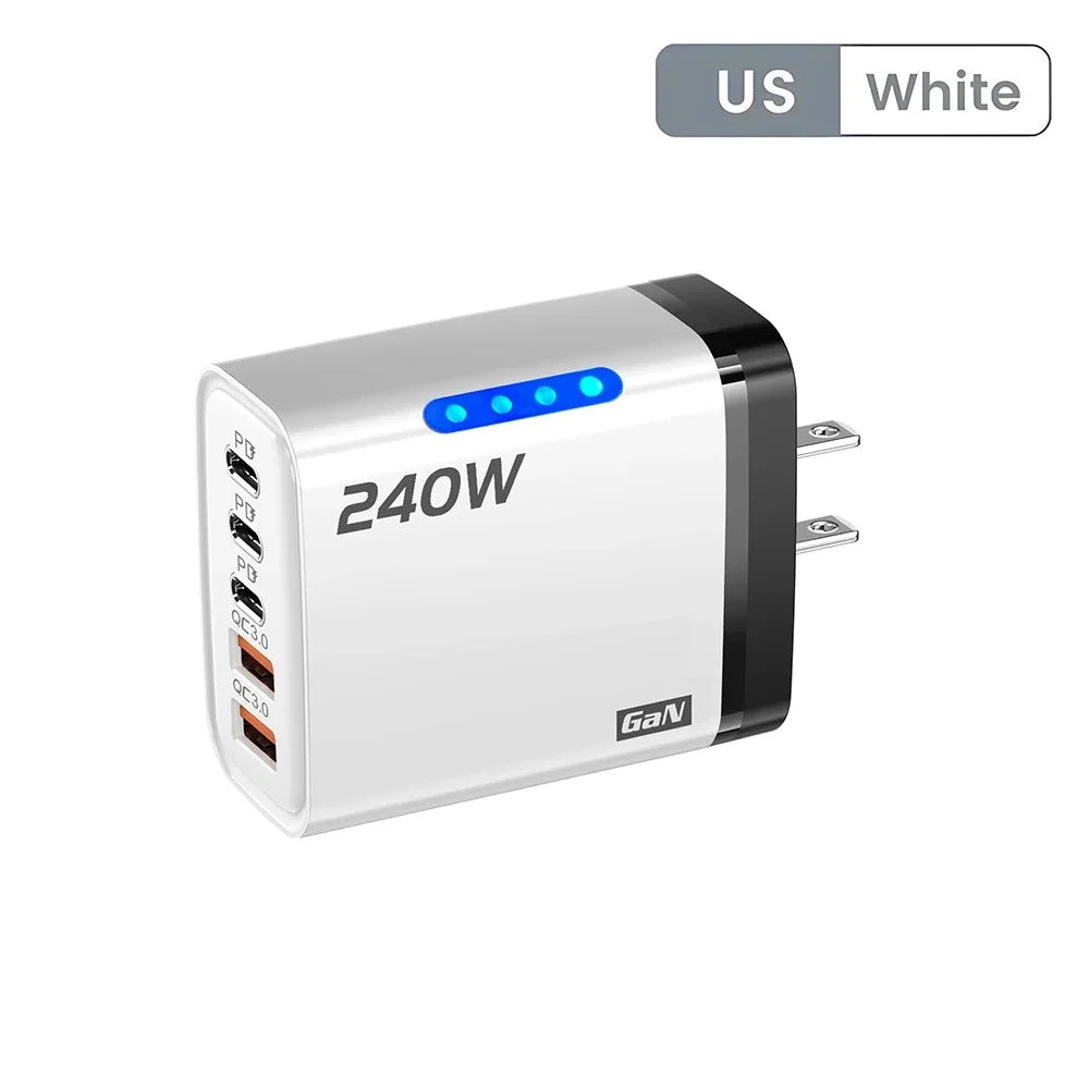 شاحن جداري GaN USB-C سريع 240 واط بخمسة منافذ – محول حائط متعدد الأجهزة للآيفون وسامسونج