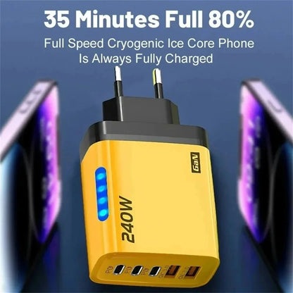 شاحن جداري GaN USB-C سريع 240 واط بخمسة منافذ – محول حائط متعدد الأجهزة للآيفون وسامسونج