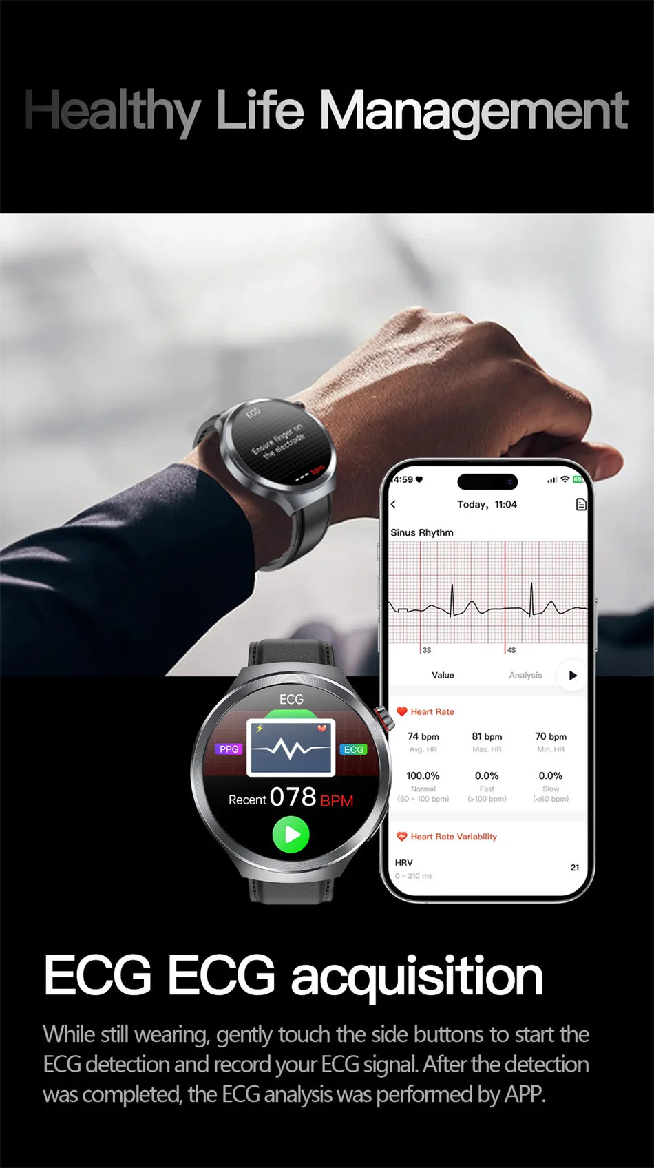 1.73" Sapphire Glass Health Smartwatch – ECG Blood Pressure & Body Analysis Tracker