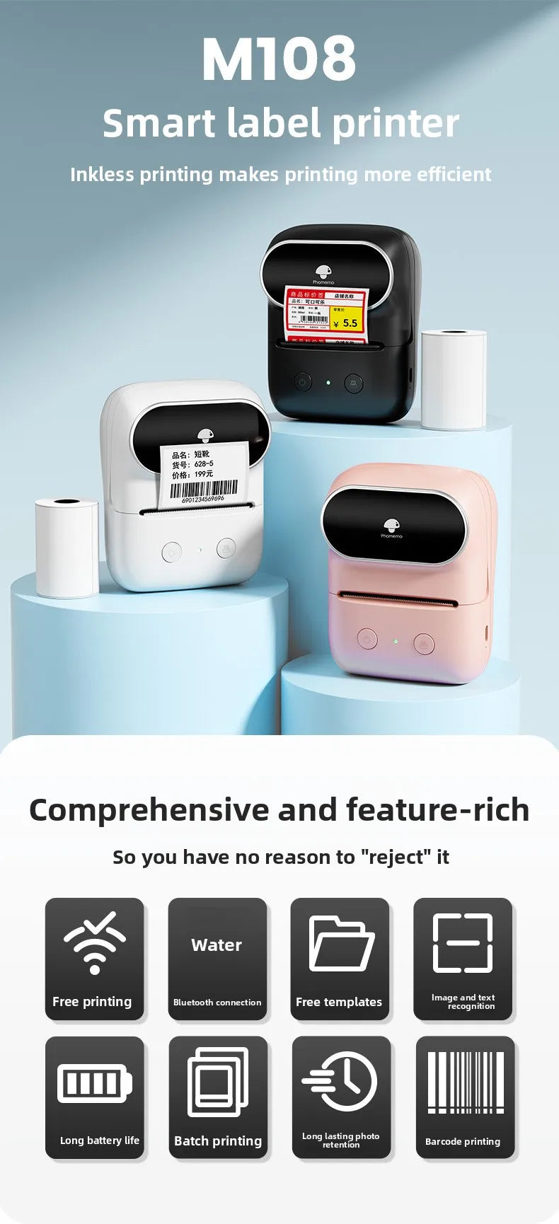 M108 Bluetooth Thermal Label Printer – Portable Self-Adhesive Printer for E-Commerce