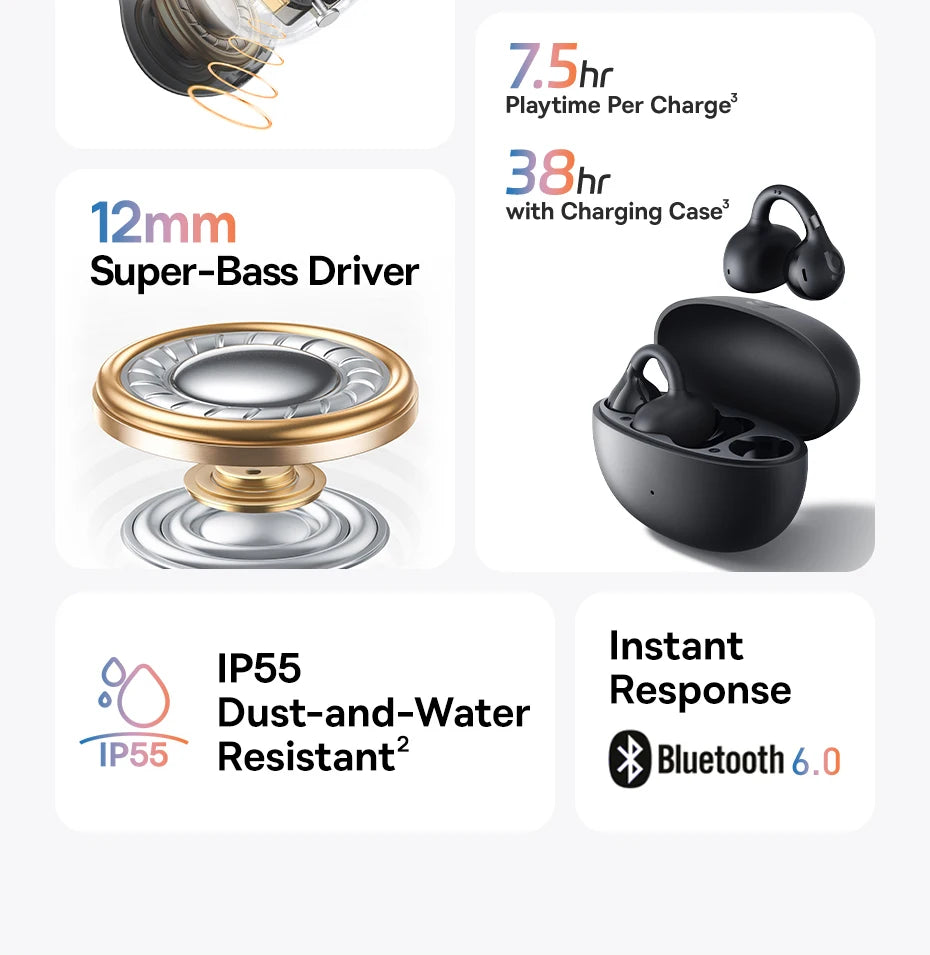 سماعات أذن Baseus BC1 بمشبك أذن، سماعات أذن لاسلكية مفتوحة، بلوتوث 6.0، سماعات رأس رياضية بمشبك، 4 ميكروفونات، صوت جهير فائق، IP55، سماعات أذن