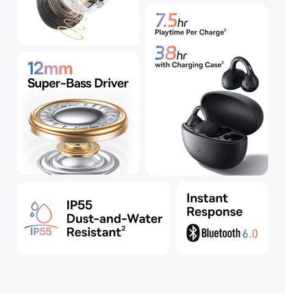سماعات أذن Baseus BC1 بمشبك أذن، سماعات أذن لاسلكية مفتوحة، بلوتوث 6.0، سماعات رأس رياضية بمشبك، 4 ميكروفونات، صوت جهير فائق، IP55، سماعات أذن
