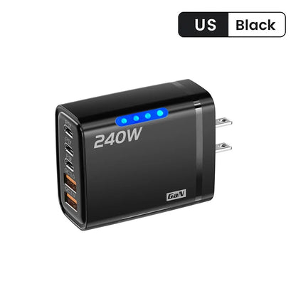 شاحن جداري GaN USB-C سريع 240 واط بخمسة منافذ – محول حائط متعدد الأجهزة للآيفون وسامسونج
