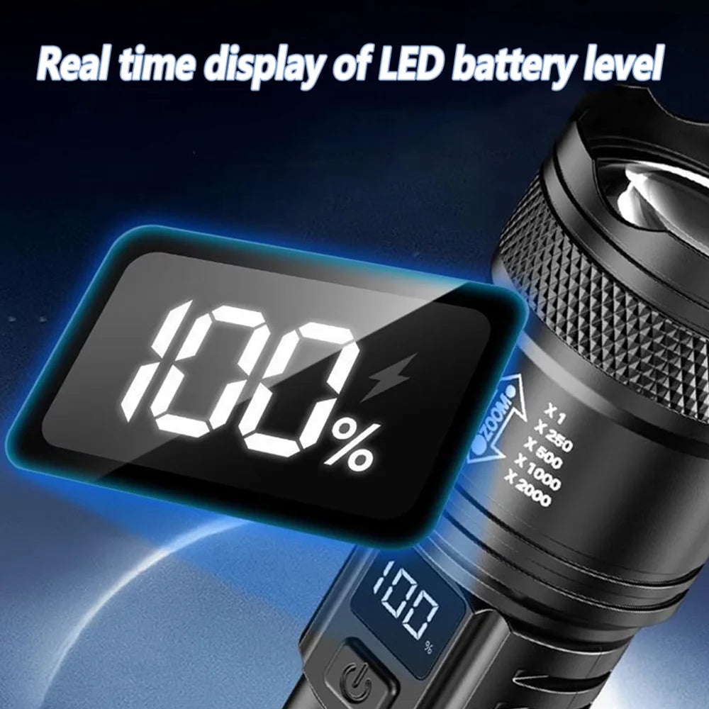 مصباح يدوي LED قابل لإعادة الشحن بقوة 100000 لومن – كشاف تكتيكي مقاوم للماء للتخييم وصيد الأسماك