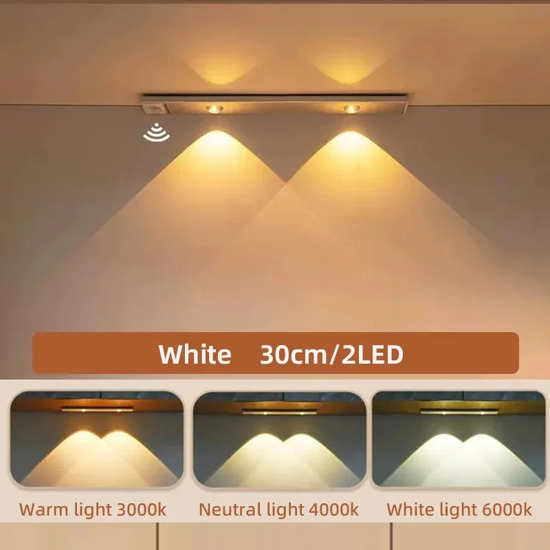 مصابيح LED رفيعة للغاية تحت الخزانة بمستشعر حركة، إضاءة ليلية لاسلكية بثلاثة ألوان قابلة للتعتيم لمطبخ خزانة غرفة النوم وخزانة الملابس.